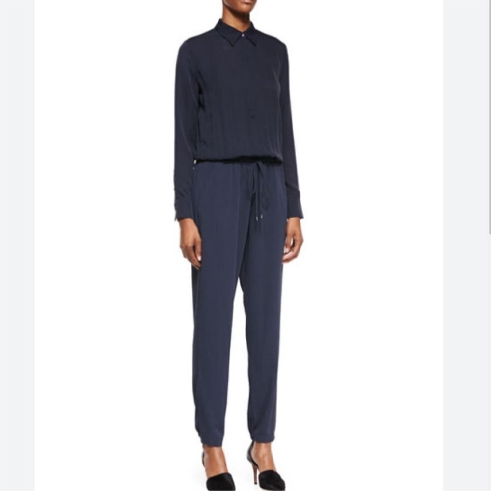 Vince Mixed Media Silk Top Long Sleeve Pantsuit